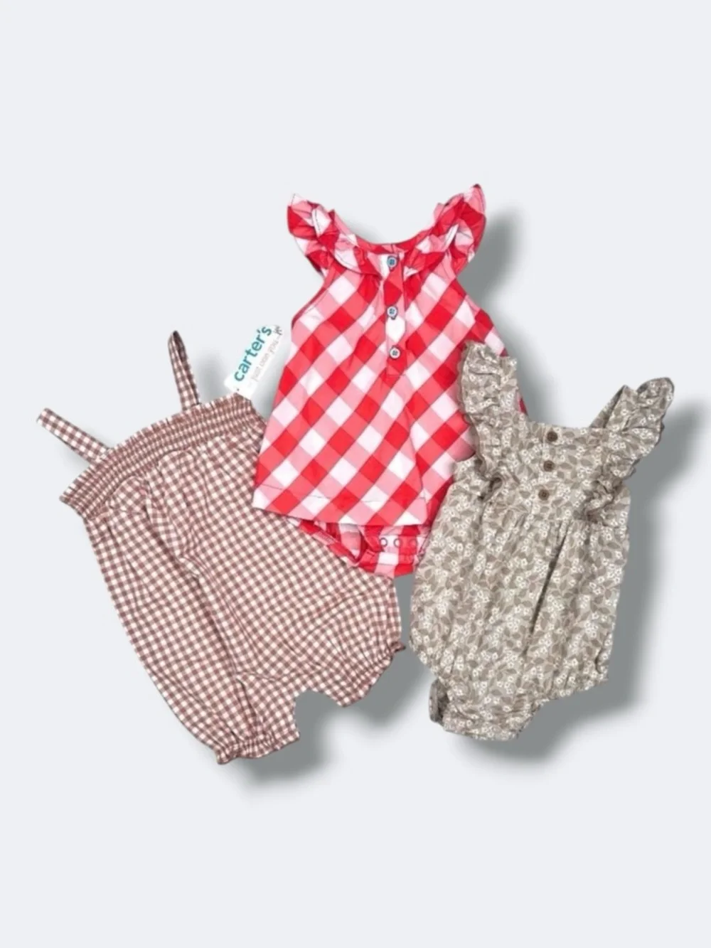 🦋3/$30 Carter’s Baby Romper Bundle 6M Girl 3pc Floral Gingham Check Summer